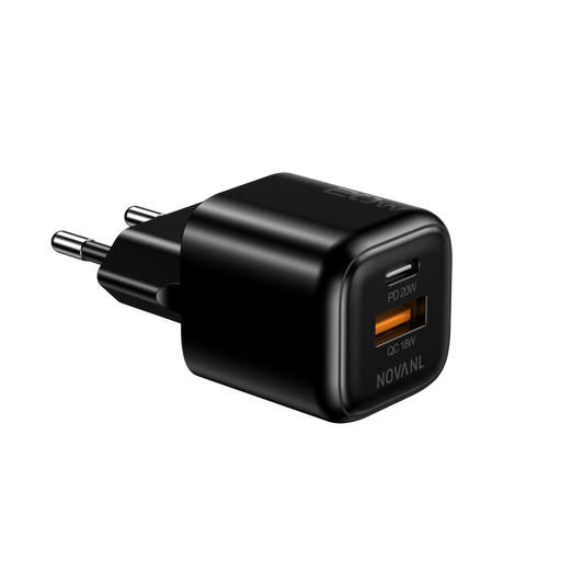 NOVANL GaNCharge 20W USB-A & USB-C (Dual Port) Adapter Zwart - Black